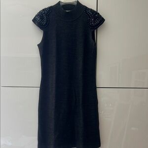 Knit grey Dress with black Beaded short sleeves Shoulders. Unique, elegant